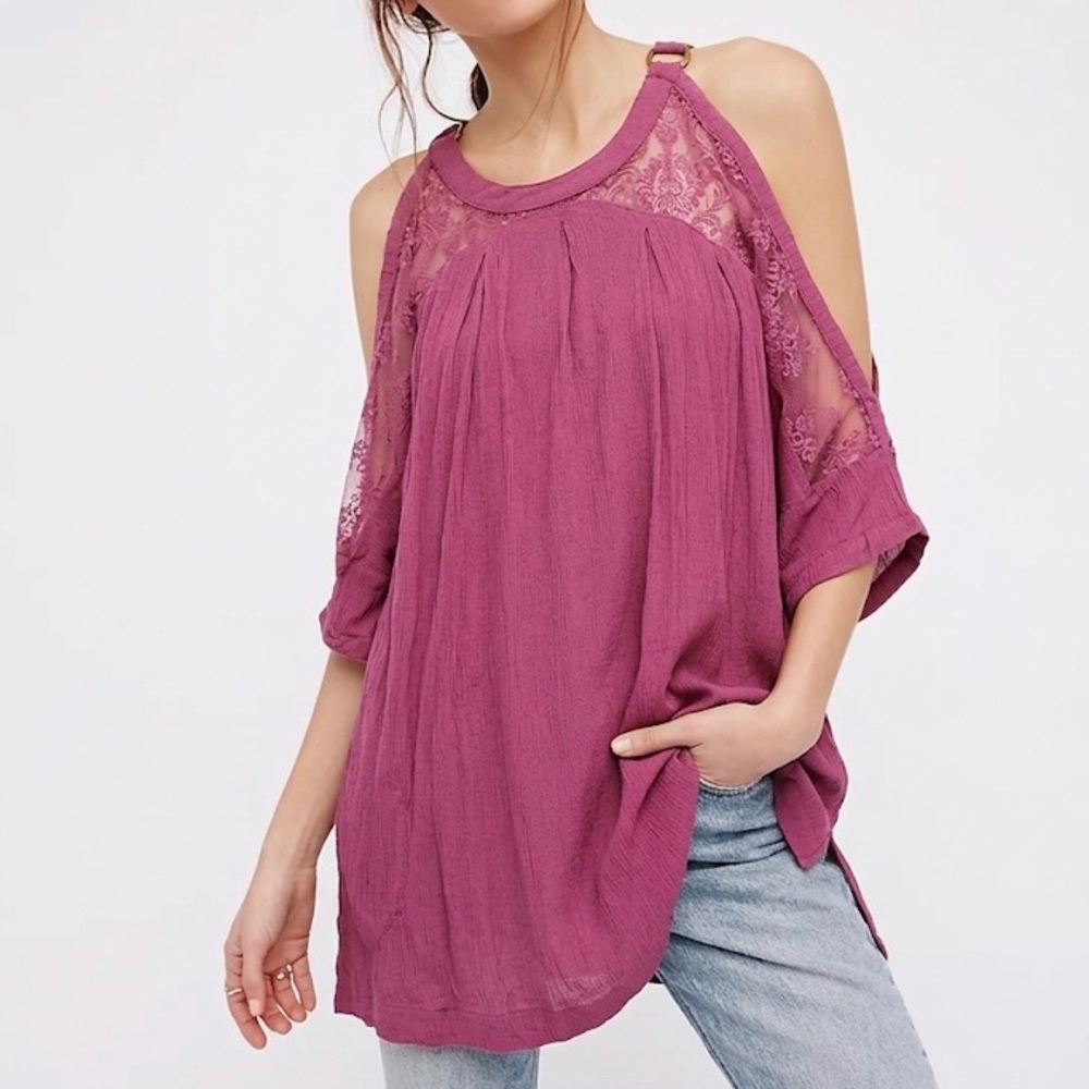 FREE PEOPLE Magenta Beachy And Peachy Floral Lace Mesh Sheer Boho Tunic Blouse